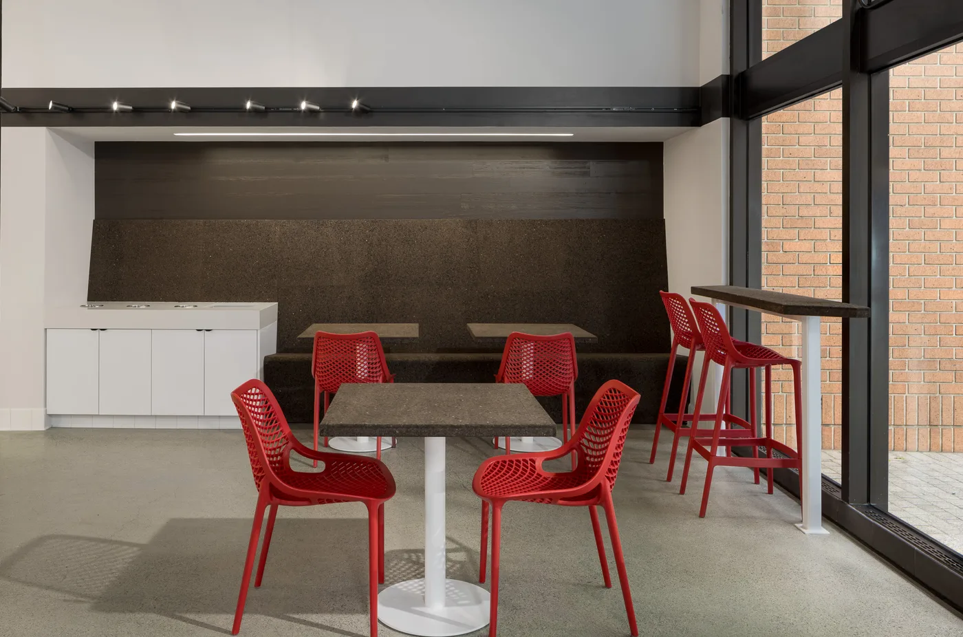 Cork-clad banquette seating at Spro Coffee Lab